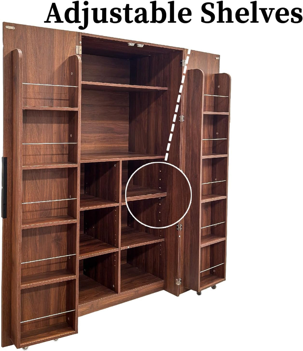 22 in Deep Kitchen Pantry Storage Cabinet with Door Shelving Walnut | 180° Doors with Bottom Rollers, Adjustable Shelves