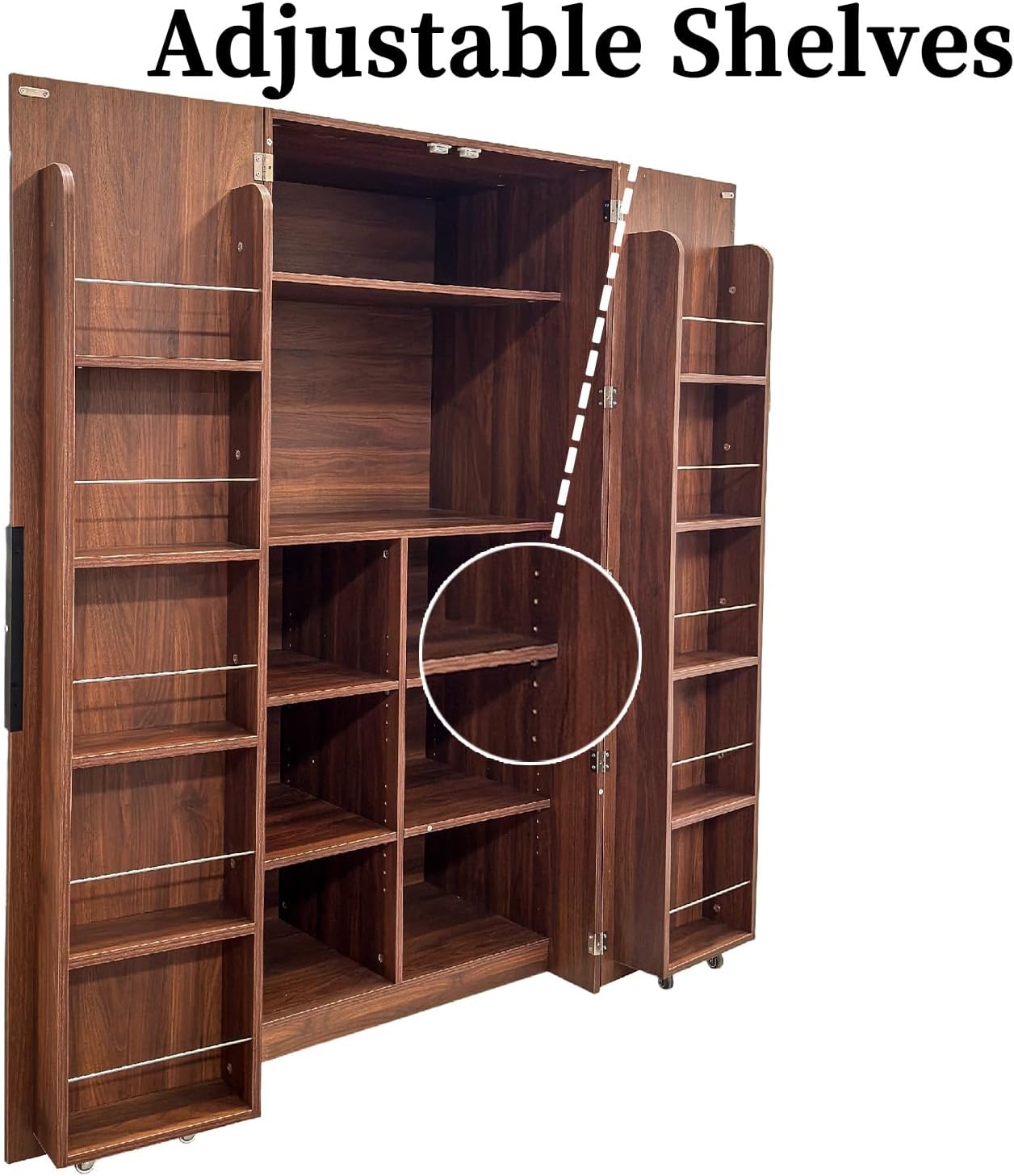 22 in Deep Kitchen Pantry Storage Cabinet with Door Shelving Walnut | 180° Doors with Bottom Rollers, Adjustable Shelves