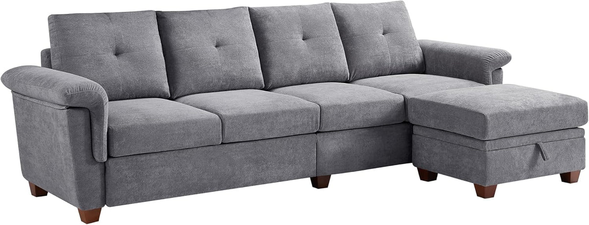 108'' Convertible Sectional Sofa with Storage, 4 Seat L Shaped Couch with Chaise and Cup Holder, Modern Microfiber Fabric Sofas Couches for Living Room, Light Grey