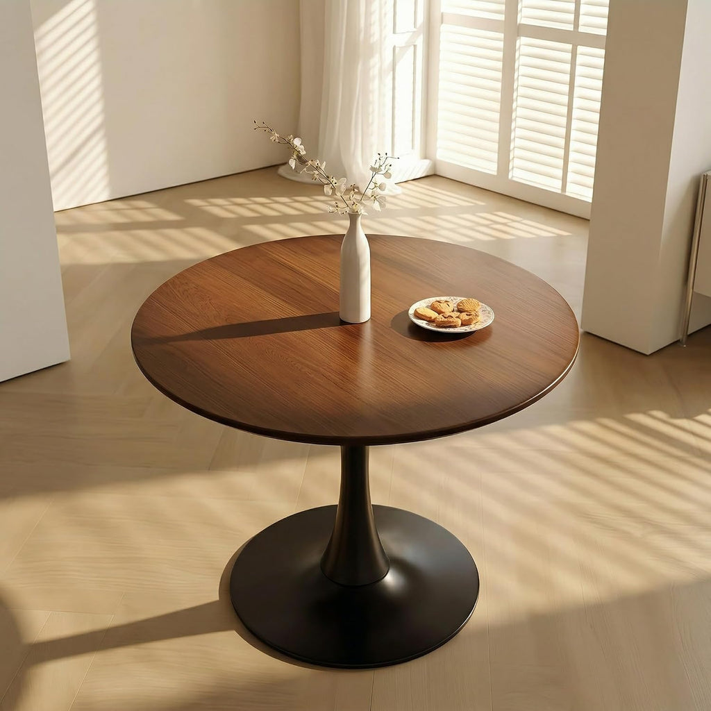 31.5" Round Dining Table, Modern Tulip Pedestal Table with Smooth MDF Round Tabletop & Metal Base, 2-4 Seater Compact Coffee Table for Small Kitchen, Leisure Table for Breakfast Nook, Walnut
