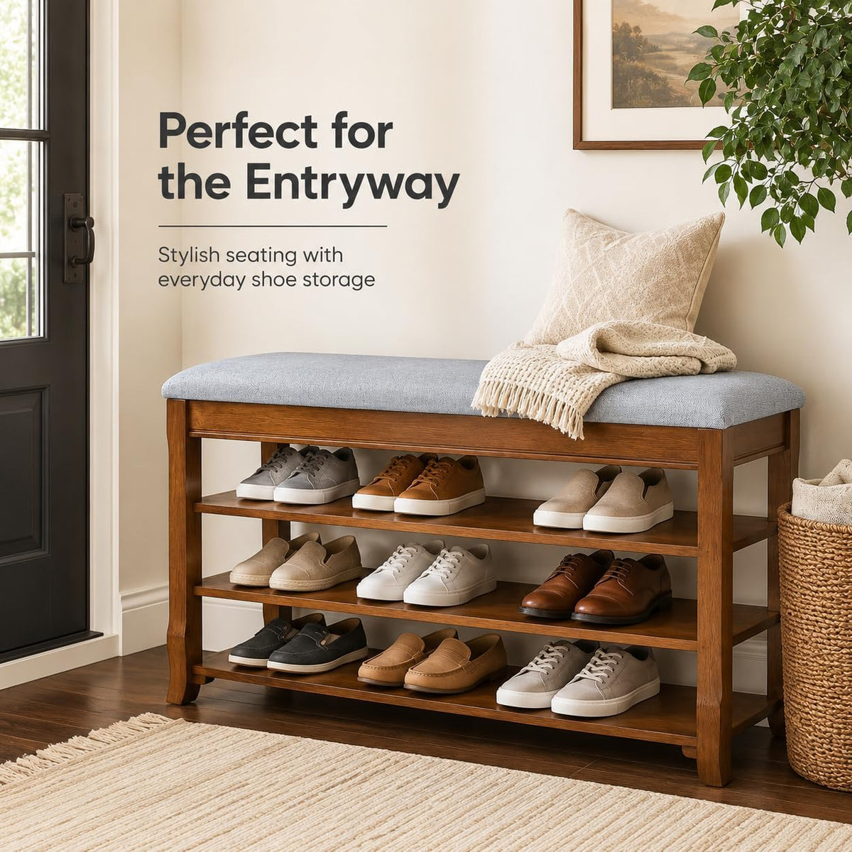Solid Wood Shoe Bench with Storage, Flip-Top Soft-Close Lid, Adjustable Shelves, Cushioned Entryway Shoe Rack Organizer, 31.5”