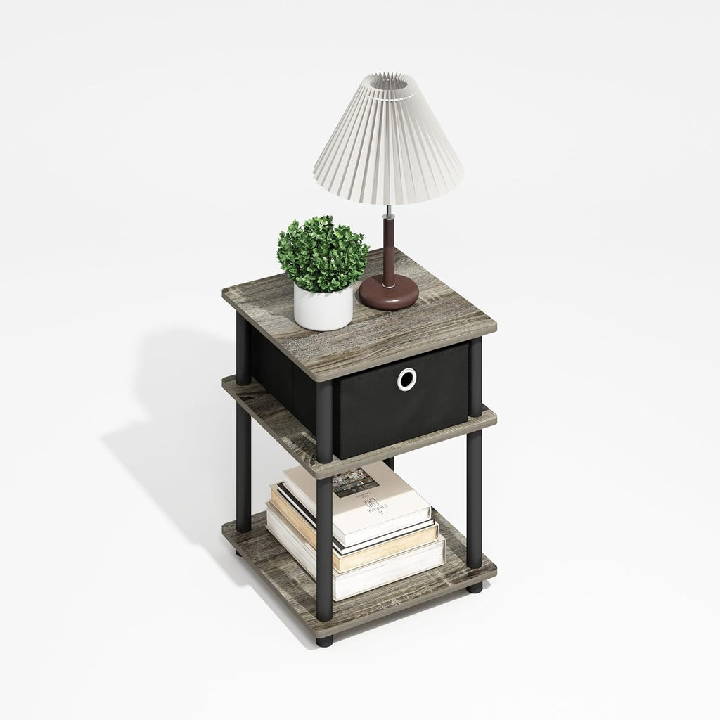 Furinno Turn-N-Tube Side Table, 3-Tier Square Modern End Table with Storage Bin, Open Shelf Night Stand, Bedside Table, Easy Assembly, Grey Oak