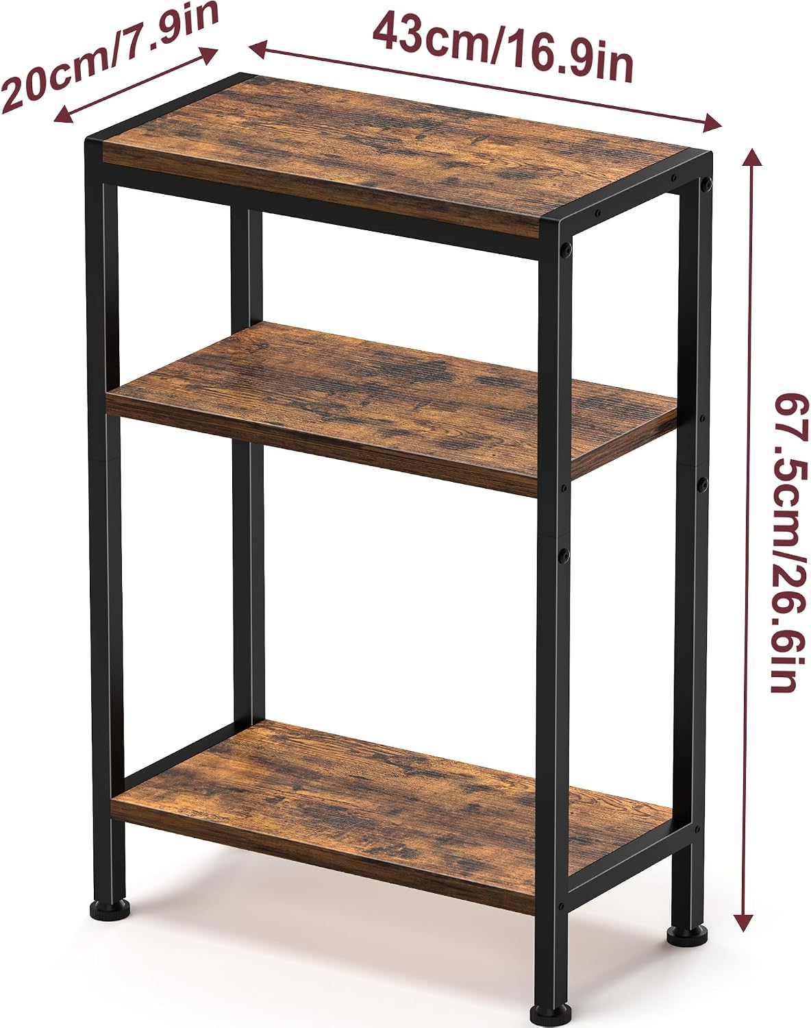 Narrow Side Table for Small Space, 3 Tier Slim End Table, Thin Nightstand, Skinny Snack Couch Table, Sofa Bedside Table in Living Room, Bedroom, Study, Kitchen and Balcony (Rustic Brown)