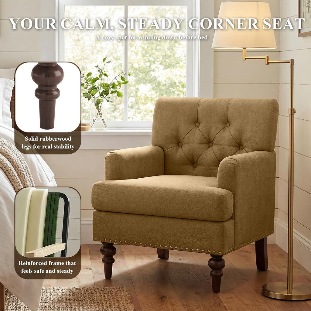 MALOL Upholstered Accent Chair Set of 2, Comfy Reading Chair for Living Room, Mid Century Modern Armchair with Thick Cushion & Solid Rubberwood Legs, for Bedroom/Small Spaces, Brown