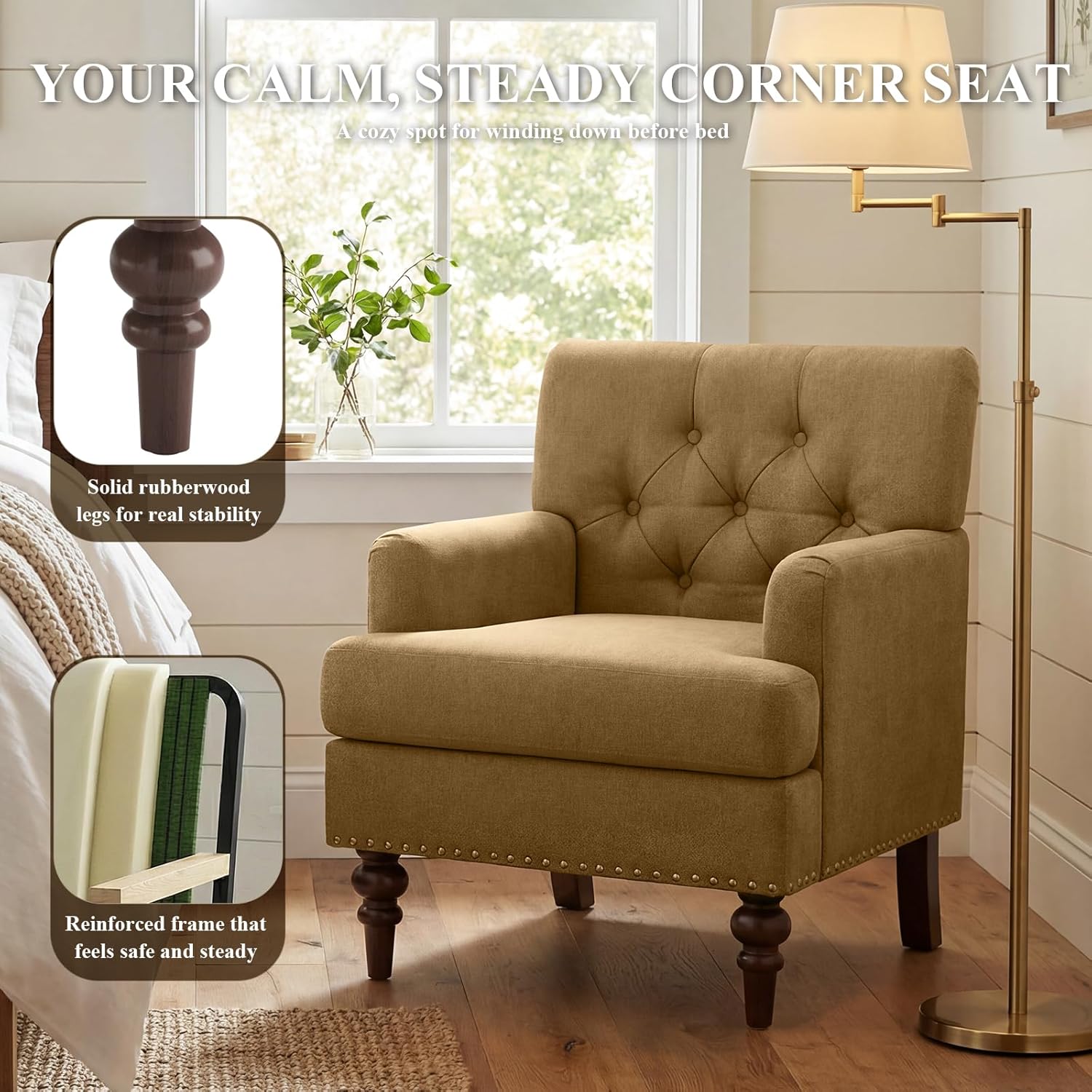 MALOL Upholstered Accent Chair Set of 2, Comfy Reading Chair for Living Room, Mid Century Modern Armchair with Thick Cushion & Solid Rubberwood Legs, for Bedroom/Small Spaces, Brown