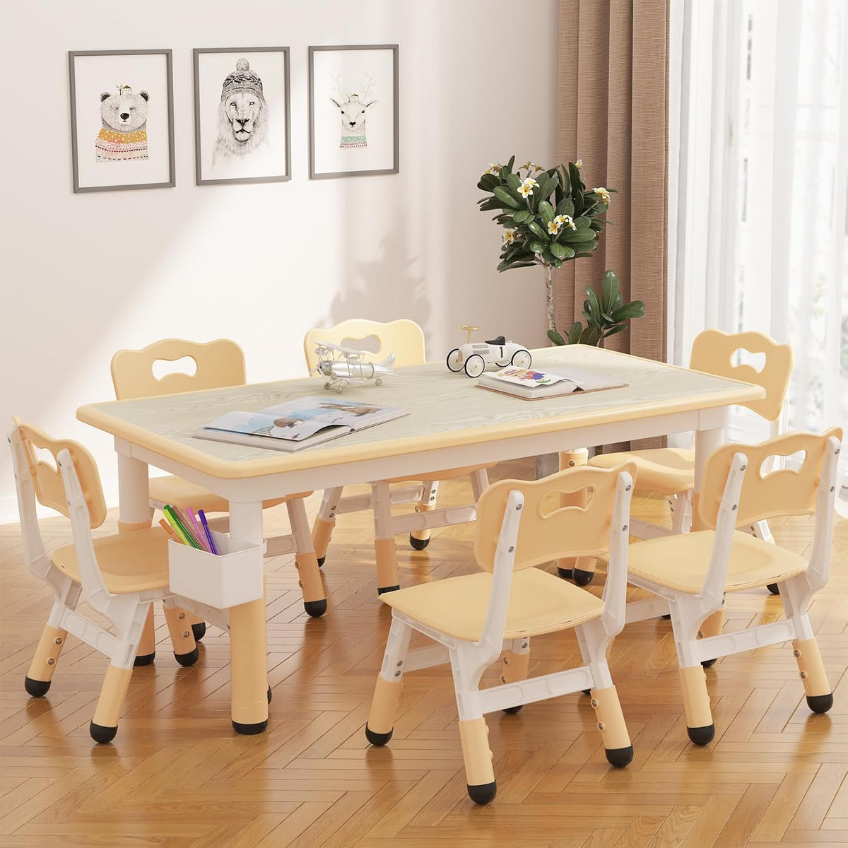 Kids Table and 6 Chairs Set, Adjustable Study Activity Table Ages 2-10