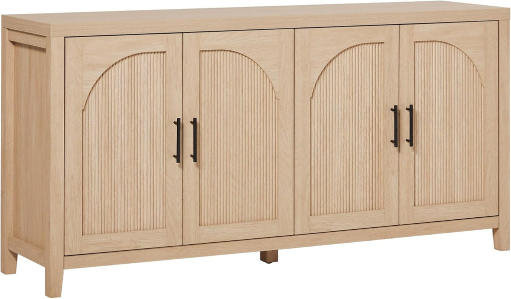 Walker Edison Sasha 4-Door Reeded Sideboard Buffet with Cord Management, 60 Inch, Coastal Oak