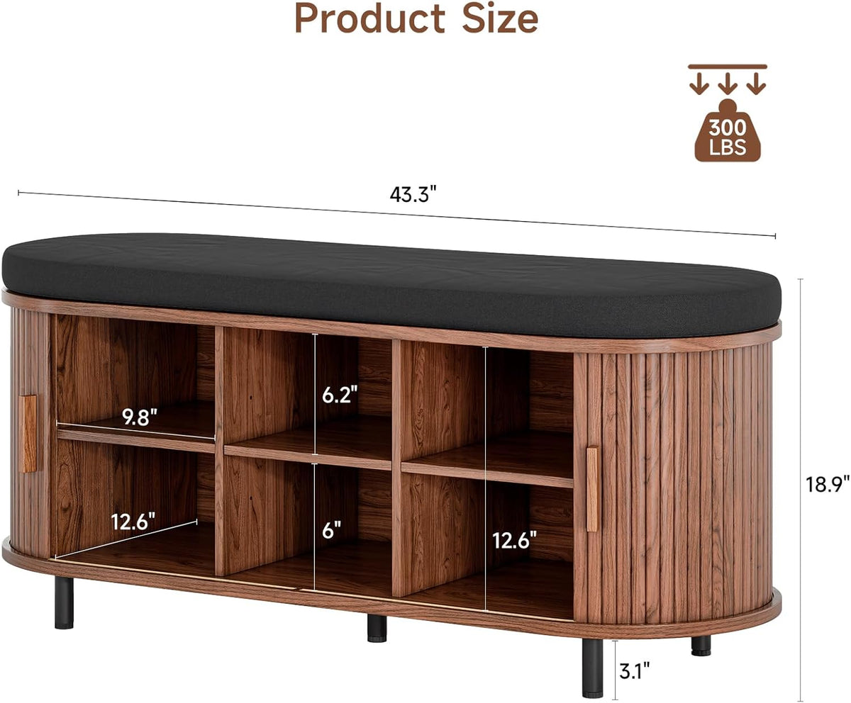 ONBRILL 43" Shoe Bench with Storage, Fluted Shoe Storage Bench with Cushion, Sliding Door and Adjustable Shelf, for Entryway, Hallway, Living Room, Walnut