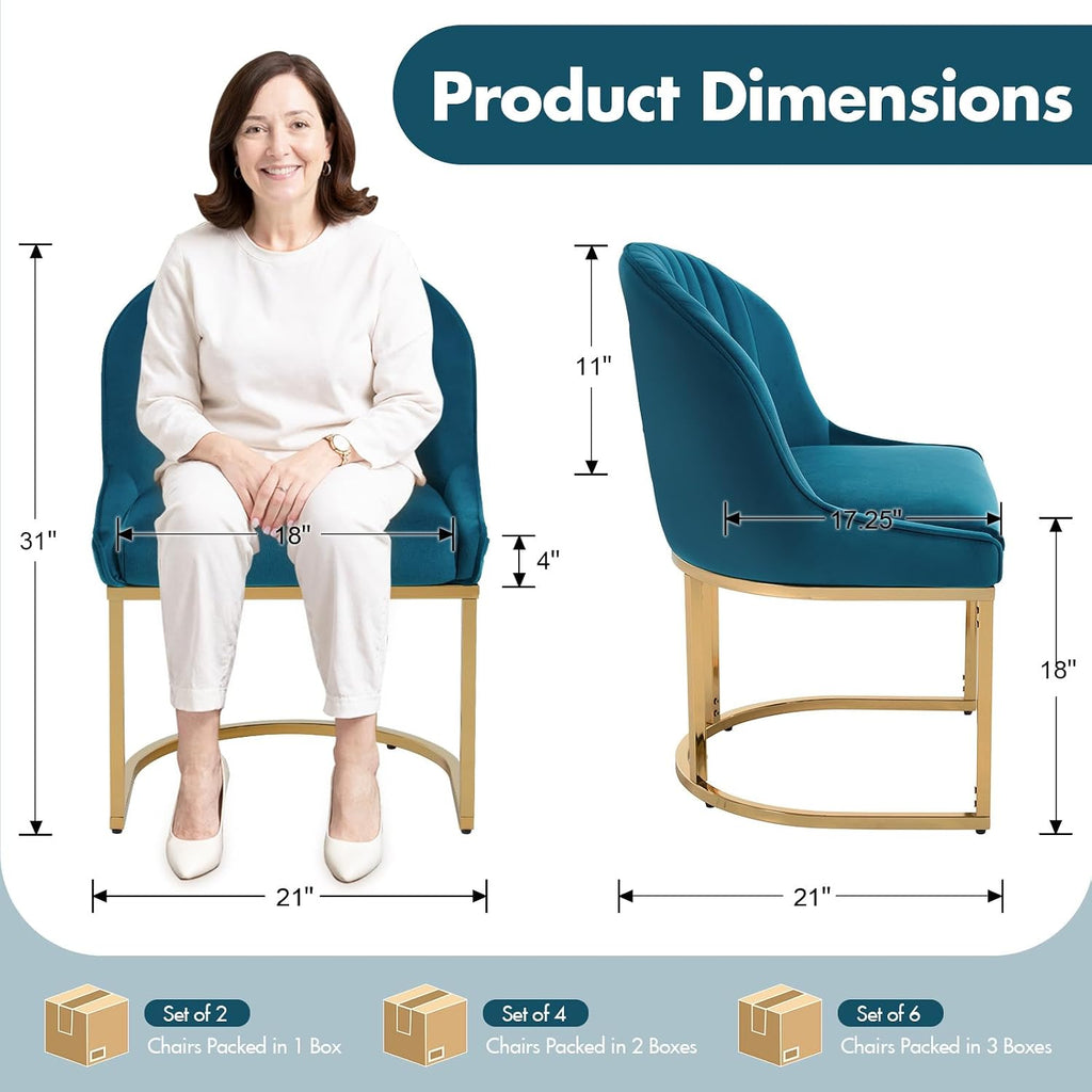 Hyfirm Modern Dining Chairs Set of 4, Velvet Teal Upholstered Kitchen Chairs with Gold Metal Legs, Padded Fabric Accent Chairs for Living Room, Dining Room, Cafe