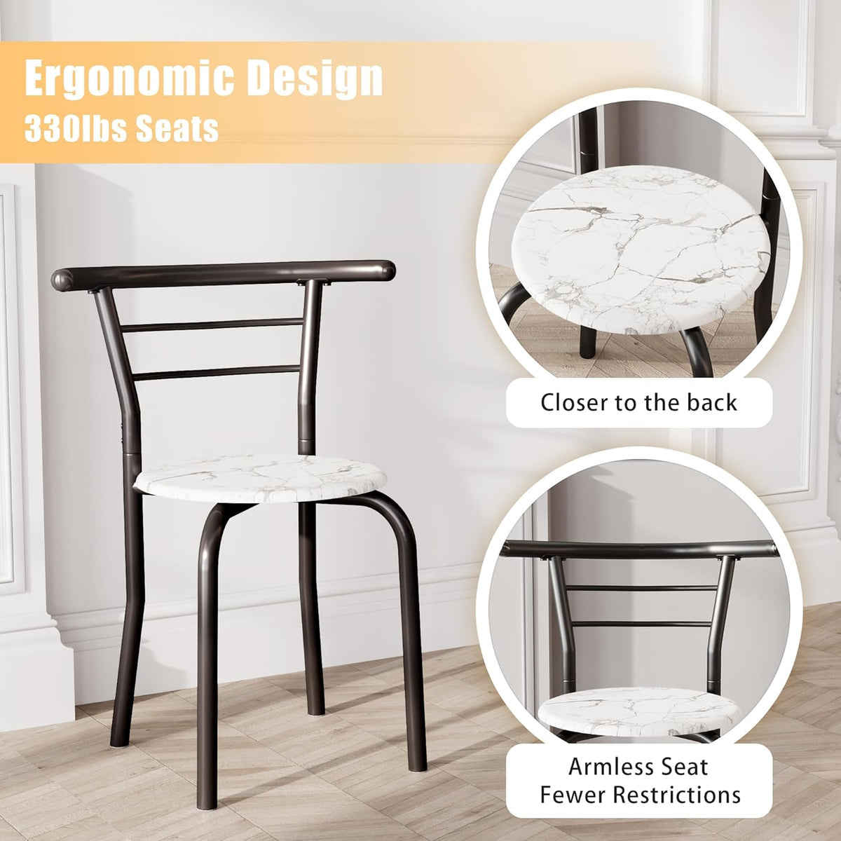 JUMMICO 3-Piece Wooden Round Table & Chair Set (White/Black) | Kitchen Breakfast Nook Wood Grain Tabletop with Metal Frame and Built-in Wine Rack for Kitchen, Dining Room