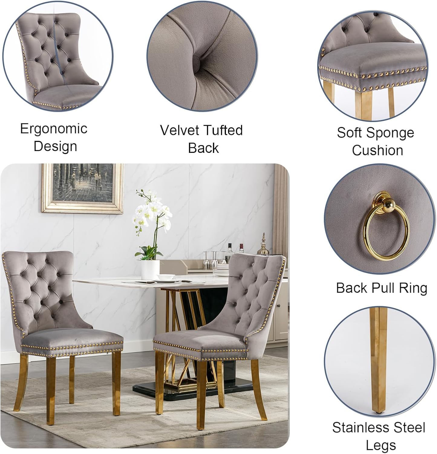 Marble Dining Table Set for 6, Rectangular 68.11" Dining Room Table with 6 Gray Dining Chairs, White&Gold Dining Table with Faux Marble Top, Large Dining Table and Chairs Set for Home Furniture