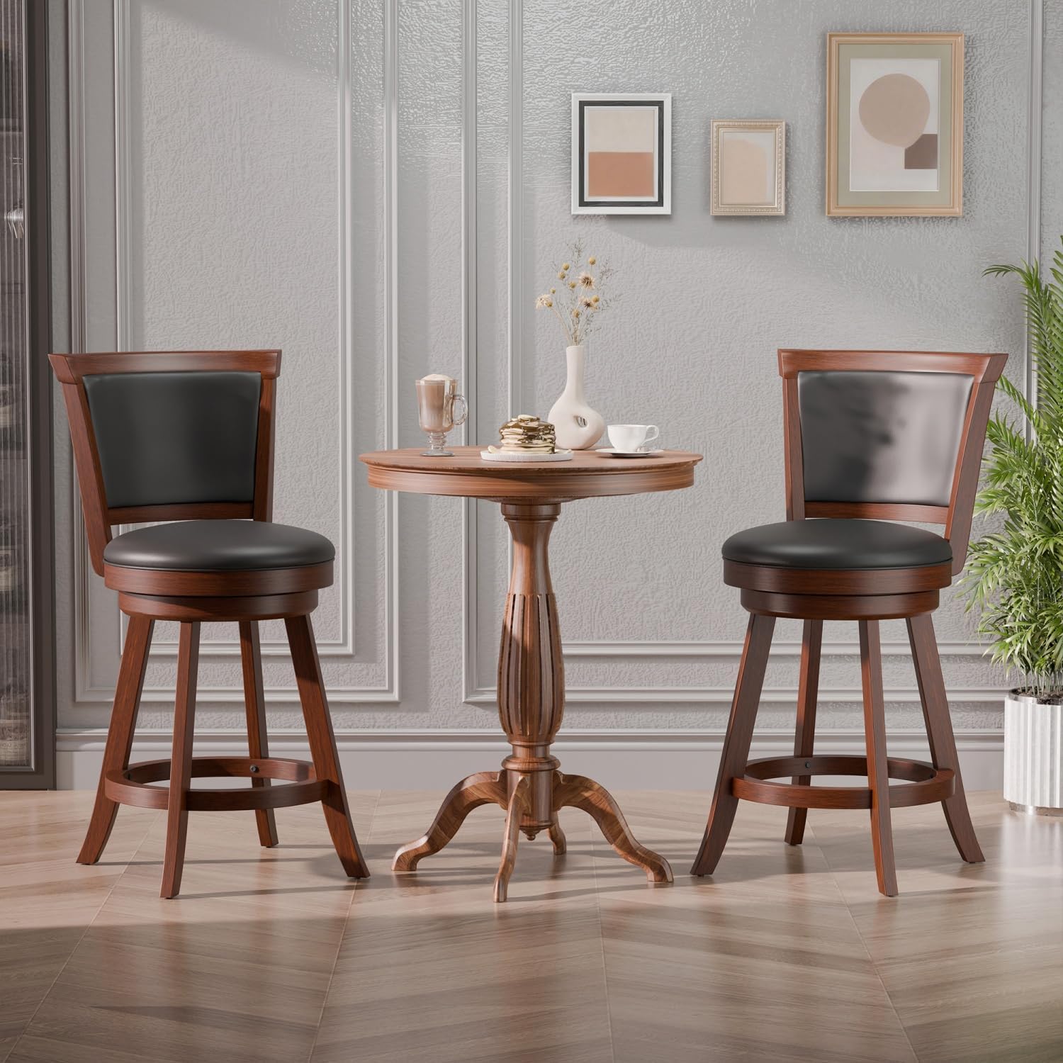 Bar Stools Set of 2, Farmhouse 24" Counter Height Barstools, Brown | Upholstered Leather Cushion&Backrest, Solid Wood Legs & Footrest, 360-degree Swivel Seat