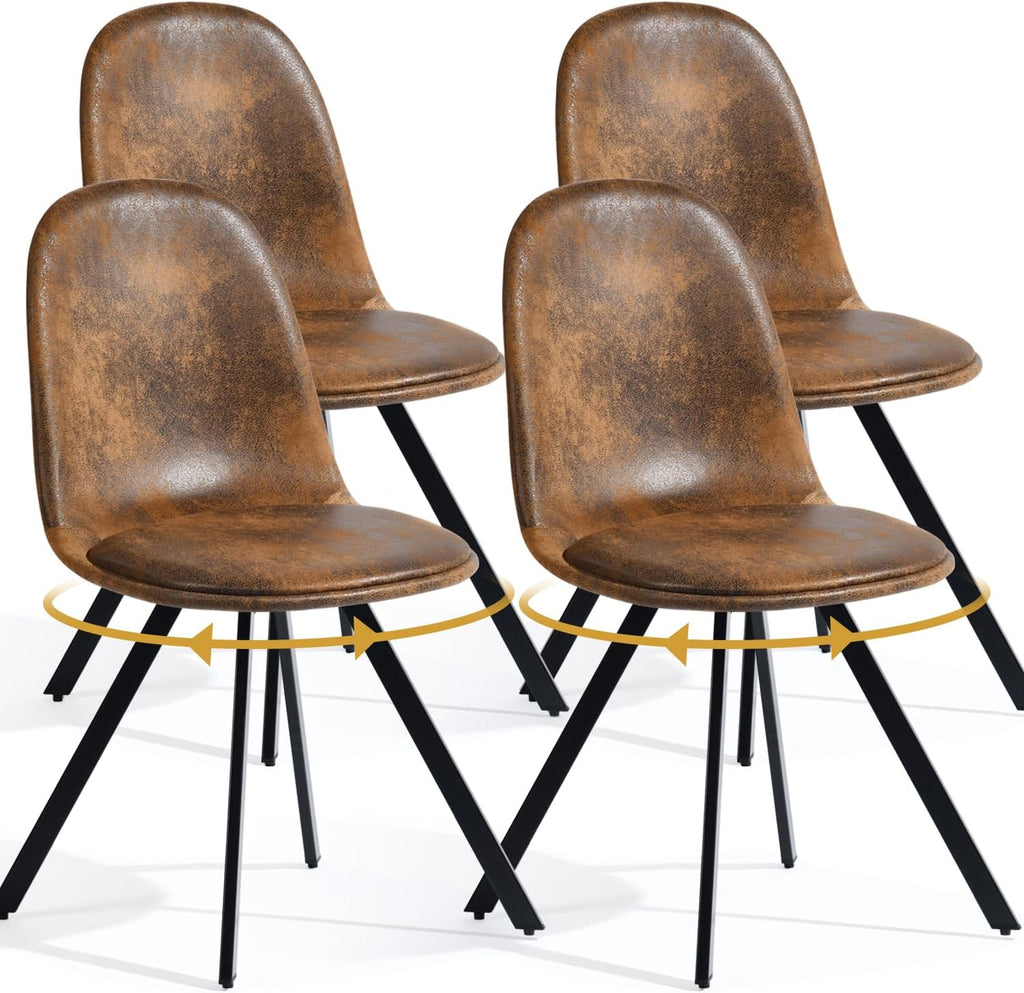 FurnitureR Set of 4 Swivel Suede Dining Chairs, Armless Mid-Back Upholstered Side Chairs with Padded Seat and Metal Legs, Comfortable Fabric Chair for Dining Room, Kitchen, Café, Restaurant – Brown