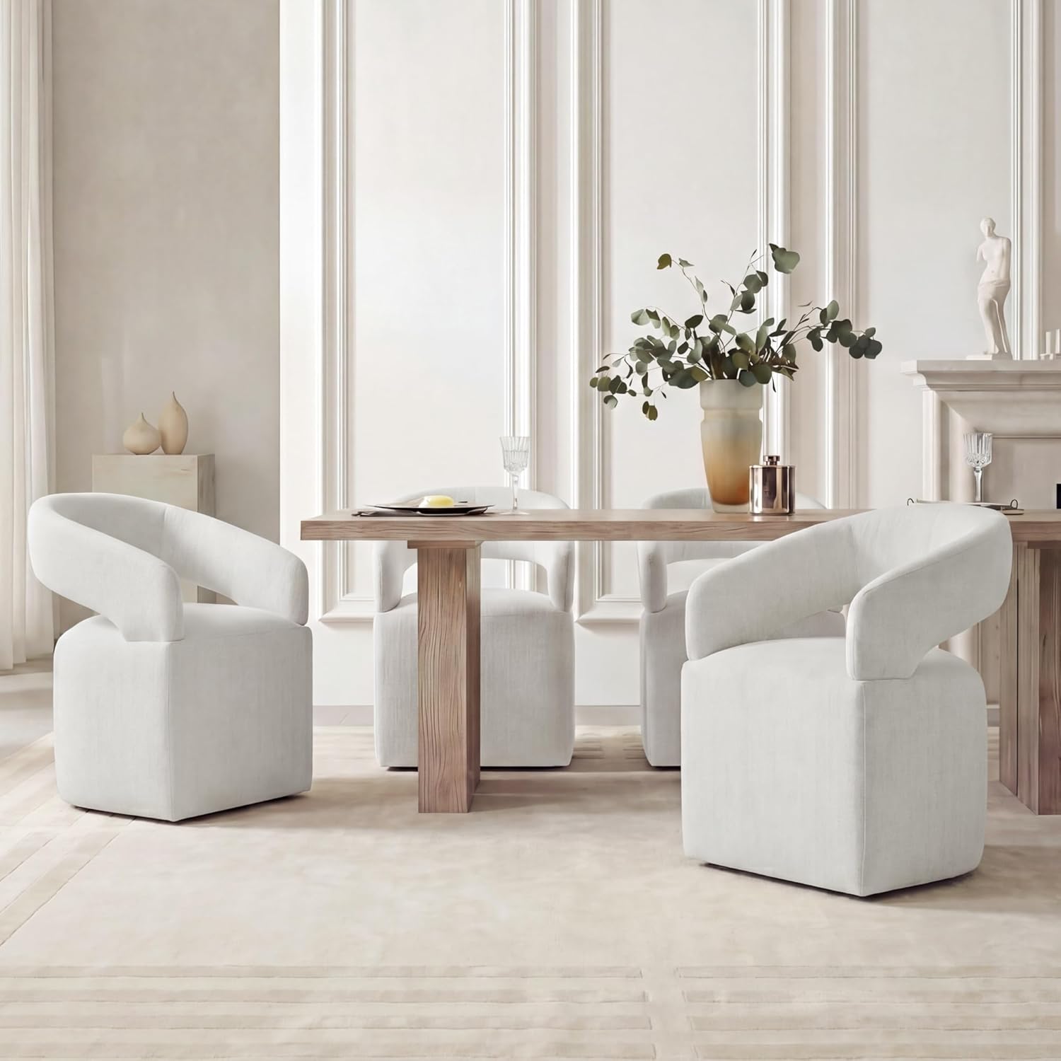 KISLOT Upholstered Dining Chairs Set of 4, Modern Arm Kitchen & Dining Room Chairs with Hidden Casters, Linen Fabric Padded Rolling Chairs, Sturdy Wood Frame, 300 lbs Capacity, Light Linen