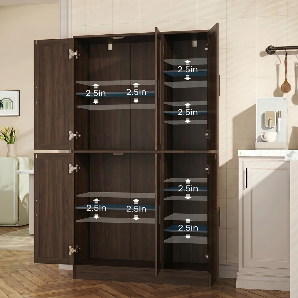 holzart 63" Tall Kitchen Pantry Cabinet, Freestanding Dining Room Storage Hutch with 4 Doors and Adjustable Shelves, Modern Utility Cupboard for Coffee Bar and Microwave, Brown