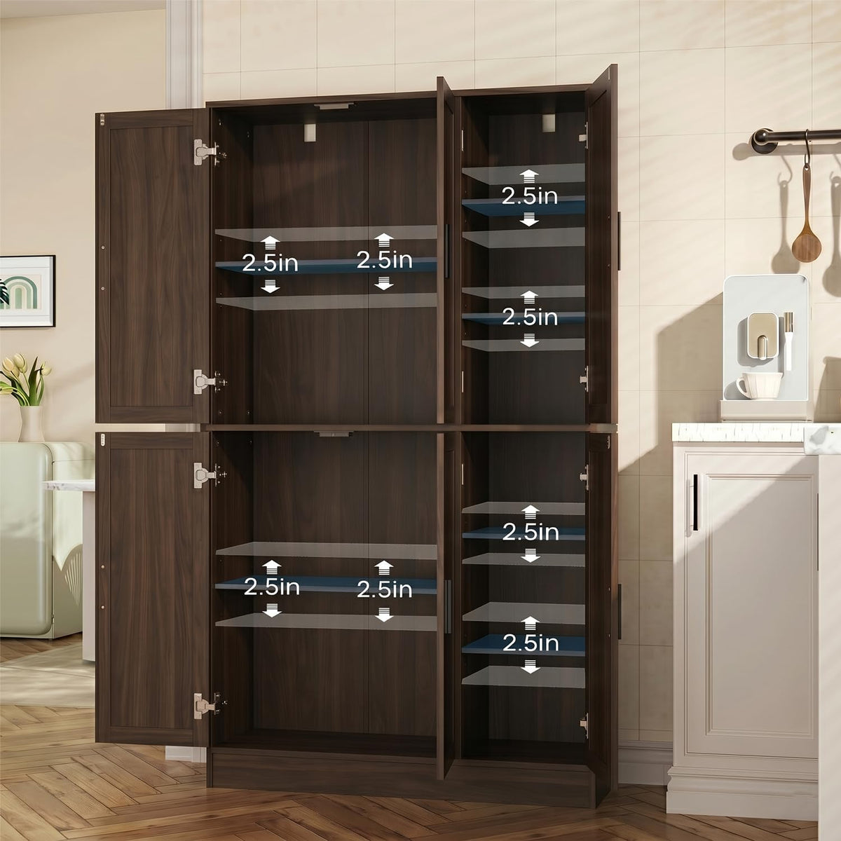 holzart 63" Tall Kitchen Pantry Cabinet, Freestanding Dining Room Storage Hutch with 4 Doors and Adjustable Shelves, Modern Utility Cupboard for Coffee Bar and Microwave, Brown