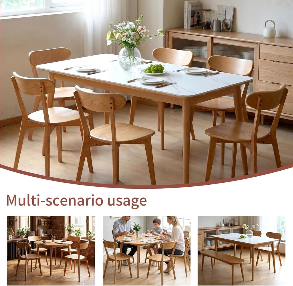 Solid Oak Wood Dining Chairs Set of 6 | Heavy Duty 400 lbs Commercial Grade | Natural Finish | Mid Century Modern Curved Back Wooden Chairs for Home Kitchen Restaurant | Easy Assembly