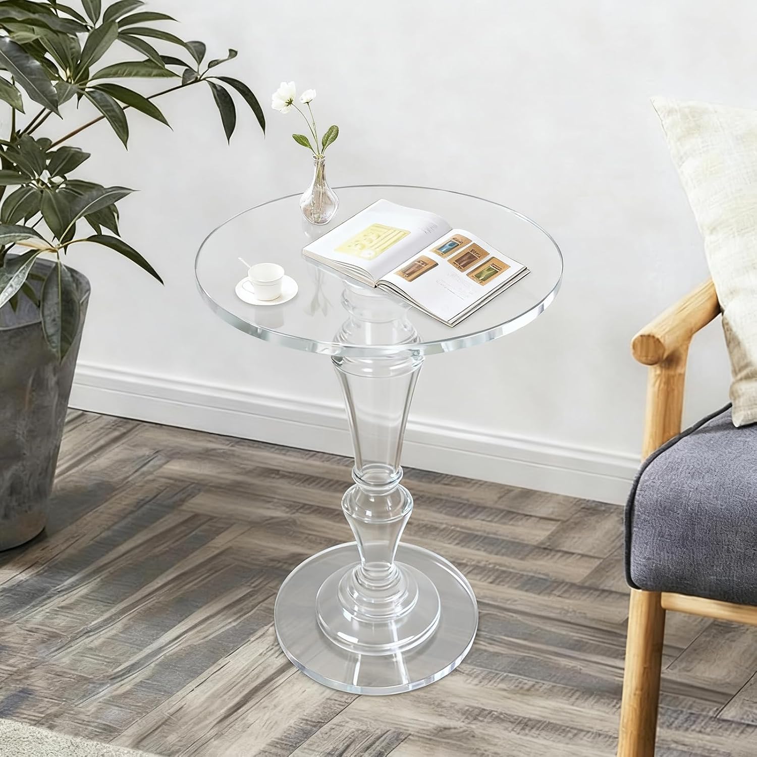 Acrylic End Table Clear Coffee Table with Round Tabletop, Multifuntional Side Drink Tables for Small Spaces Small Side Tables for Living Room Bedroom & Study Rooms, 13" D X 13" W X 20" H