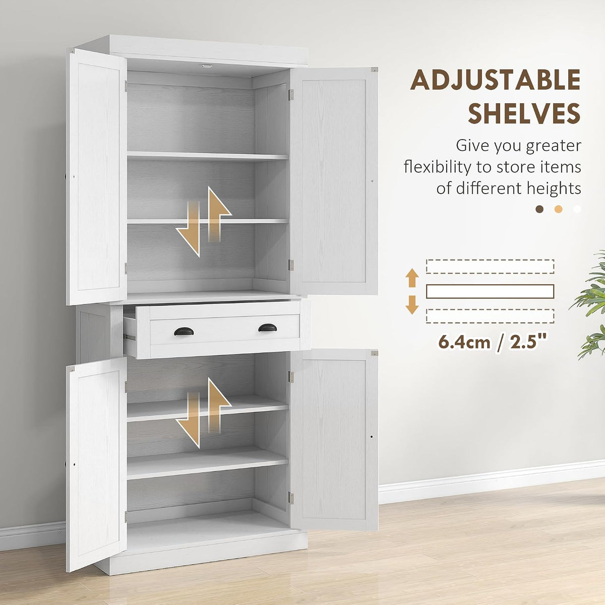 HOMCOM 72.5" Kitchen Pantry Cabinet Freestanding 4 Doors White Wood Grain | Traditional Storage Cabinet, Drawer, 3 Adjustable Shelves, for Dining Room