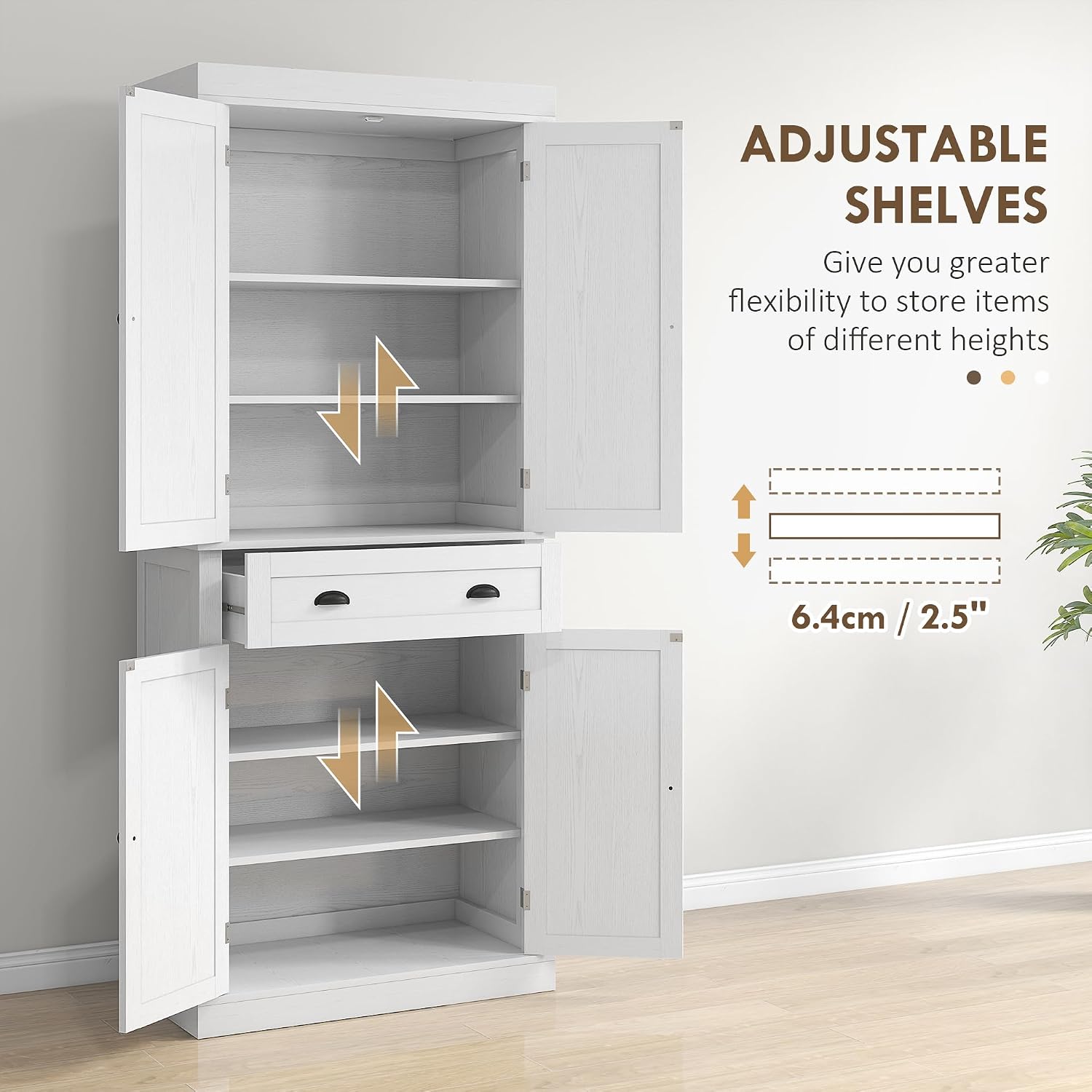 72.5" Kitchen Pantry Cabinet, Traditional Freestanding Storage Cabinet with 4 Doors, Drawer and 3 Adjustable Shelves for Dining Room, White Wood Grain