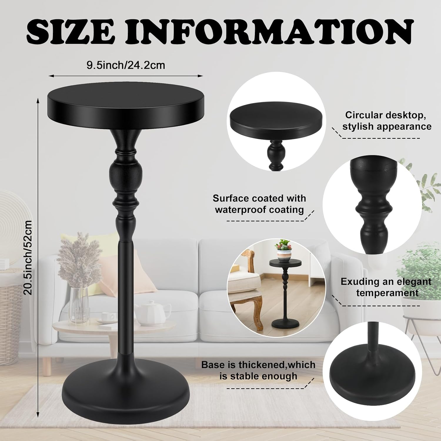 CroBlissful Black Metal Martini Table 9.5 x 9.5 x 20.5 Inches Round Drink Tables Decorative Pedestal Side Desk for Small Spaces Cocktail Drink Holder Stand Small End Shelf for Living Room Bedroom