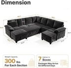 Oversized Sectional Sleeper Couch, 9 Seat Modular Sofa Pull-Out Storage Bed | MastonHome 109" U-Shaped Convertible Cloud Couch with Pillow Armrests, Chenille Fabric for Living Room, Apartment, Black