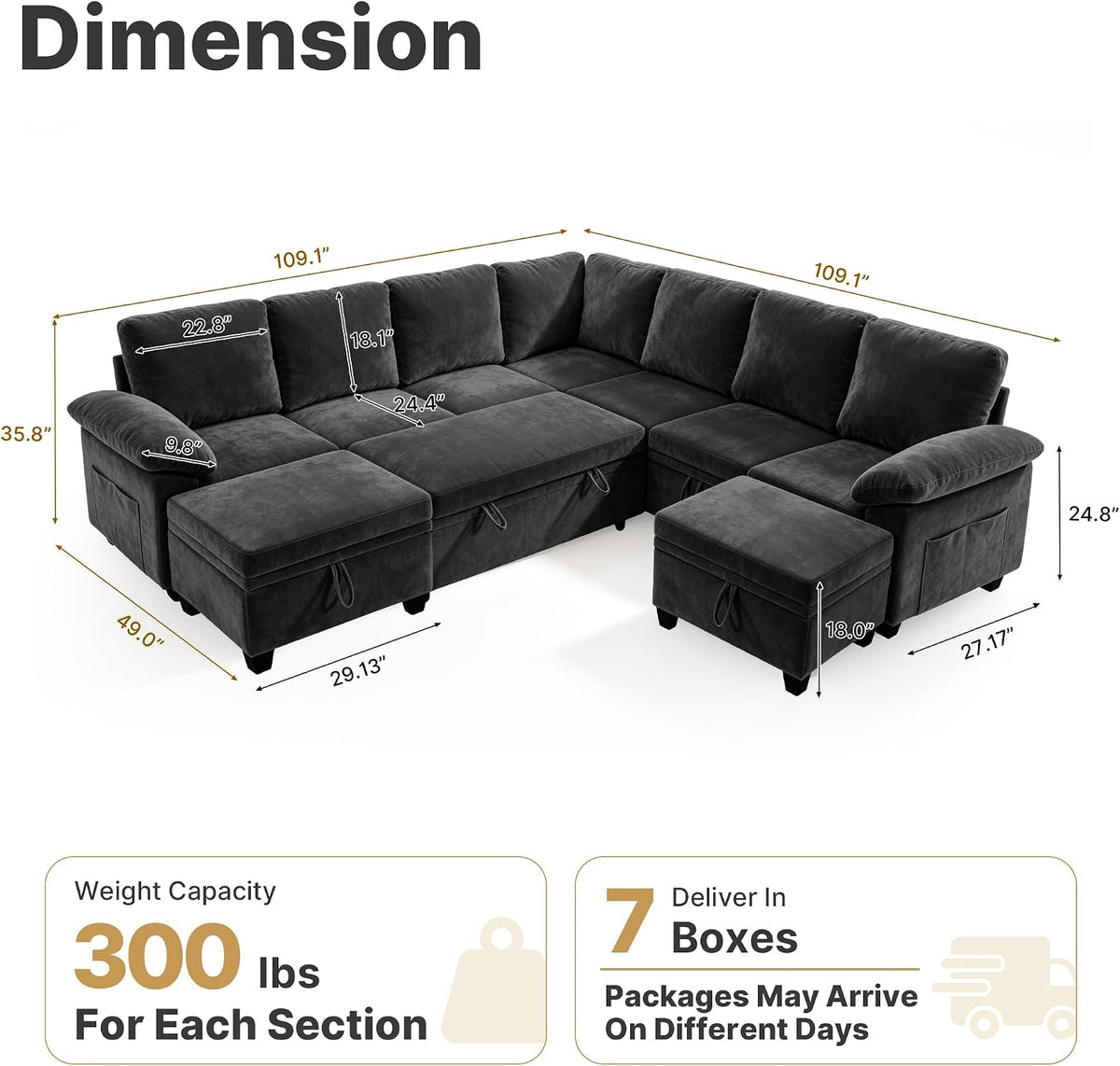 Oversized Sectional Sleeper Couch, 9 Seat Modular Sofa Pull-Out Storage Bed | MastonHome 109" U-Shaped Convertible Cloud Couch with Pillow Armrests, Chenille Fabric for Living Room, Apartment, Black