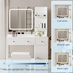 HaHarmoHaby Vanity Desk with Lighted Mirror, Makeup Vanity Table with 4 Drawers, Shelves,3 Color Modes & Adjustable Brightness, Dressing Table Set with Stool for Bedroom