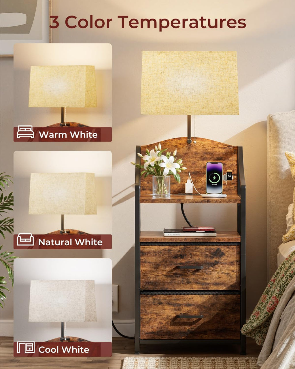 Evermagin 45" Nightstands, Tall Nightstand with Charging Station & Light | Bedside Table with 2 Fabric Drawer & Storage Shelf, End Table with USB Ports and Outlets for Bedroom, Dorm, Rustic Brown