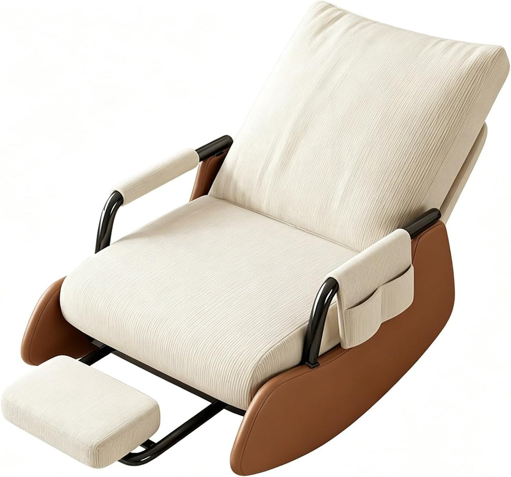 Portable Folding Rocking Lounge Chair with Detachable Footrest | Breathable Corduroy Single Relax Chair with Side Pocket for Home Rest