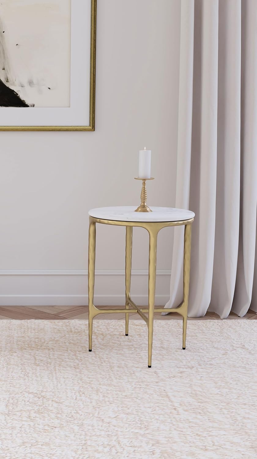 Coaster Home Furnishings - Baldwin - Round Side Table with Marble Top, Hand-Hammered Steel Frame and Two-Tone Design - Living Room - White and Gold - 930081