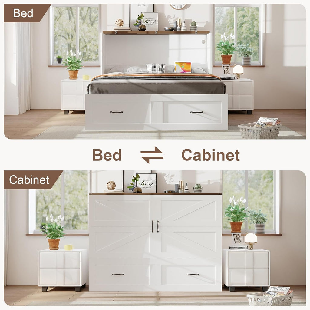 KCGKCG Full Size Murphy Bed with Storage & Charging Station, Murphy Cabinet Bed with Drawer for Guest Bedroom, Living Room, Office or Small Room, Full Foldable Platform Bed (White, Full)