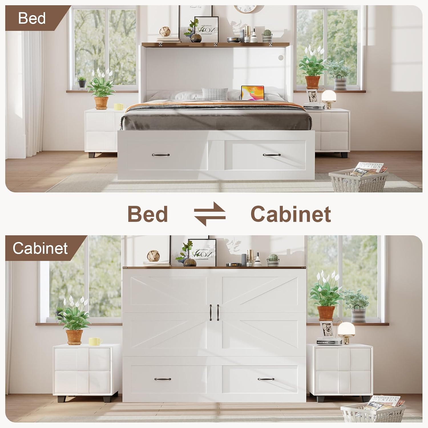 KCGKCG Full Size Murphy Bed with Storage & Charging Station, Murphy Cabinet Bed with Drawer for Guest Bedroom, Living Room, Office or Small Room, Full Foldable Platform Bed (White, Full)