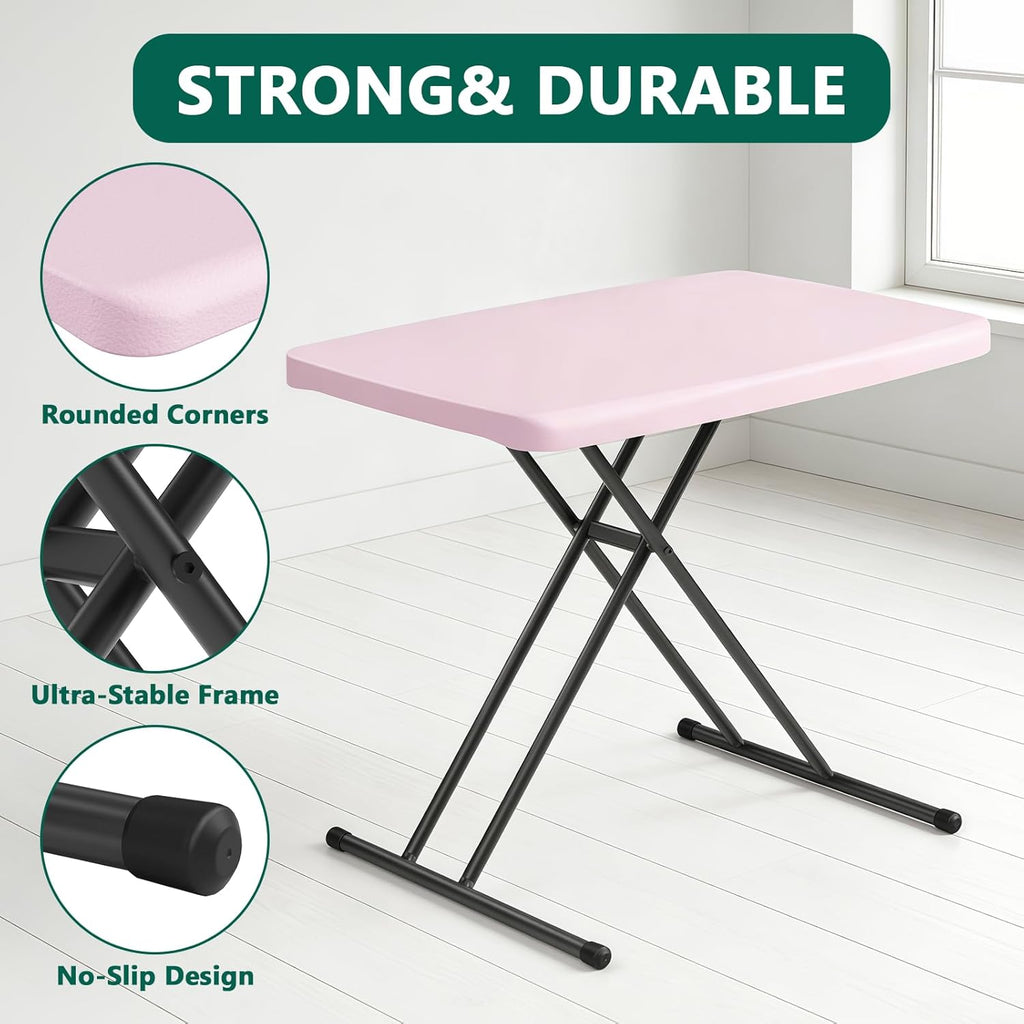 Folding Table 30 Inch - Small Desk Adjustable Height TV Tray for Laptop, Couch, Camping - Heavy Duty Utility Foldable Table for Small Spaces, No Assembly Required, Pink Granite