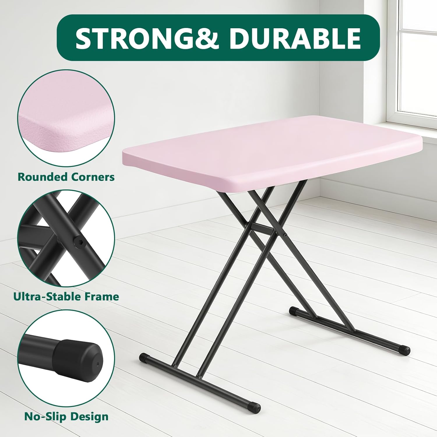 Folding Table 30 Inch - Small Desk Adjustable Height TV Tray for Laptop, Couch, Camping - Heavy Duty Utility Foldable Table for Small Spaces, No Assembly Required, Pink Granite