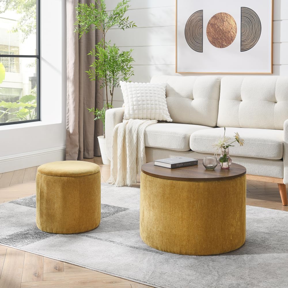 2-Piece Set Round Chenille Storage Ottoman, Equipped with a Drum Shaped Small Stool (style3)