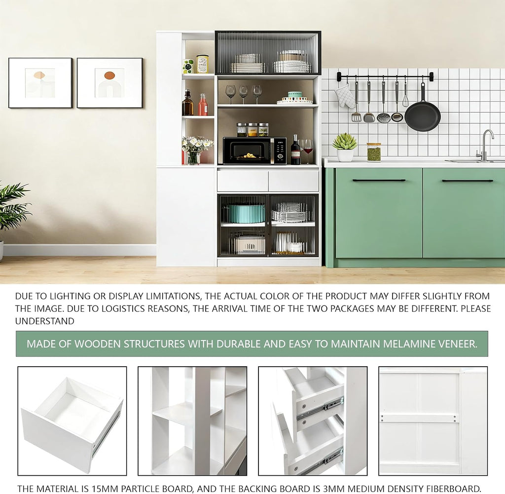 71 Inch Wood Pantry Cabinet with Glass Doors, 39 Inch Wide Freestanding Kitchen Storage Cabinet for Microwave and Coffee Bar, Modern Sturdy Tall Pantry Cabinet with Shelves & 5 Drawers, (White)