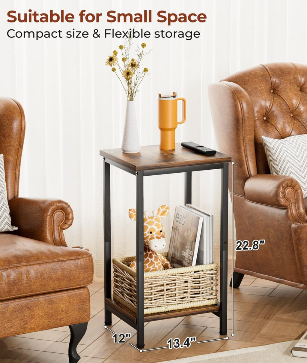 KEETDY Small Side Table for Small Space End Tables for Living Room, 2-Tier Storage Shelf Night Stand, Sofa Bedroom Bedside Table Nightstand Storage, Rustic Brown