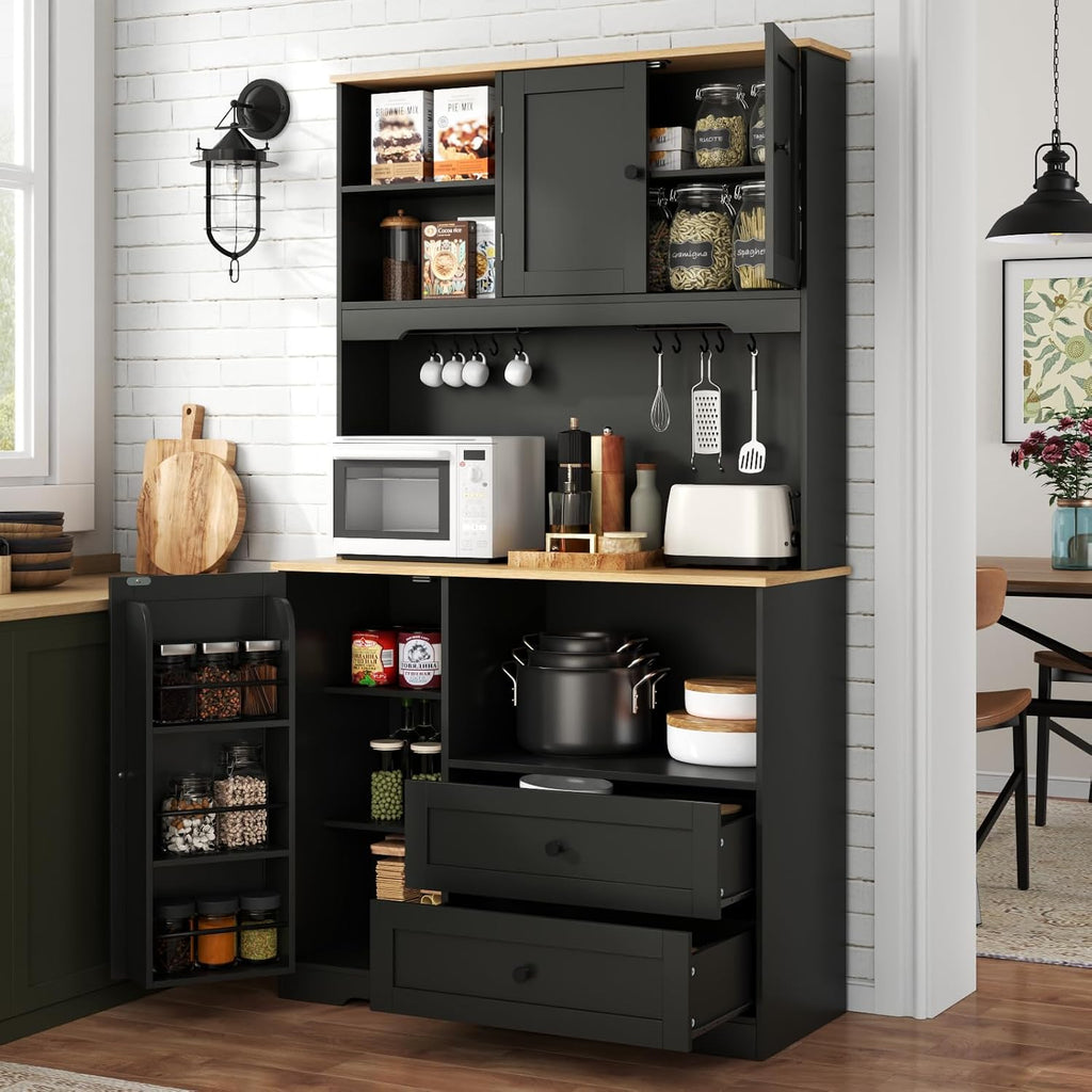 68"Tall Kitchen Pantry Storage Cabinet with Charging Station, Door & Shelf | Upgrade Pantry Cabinet with Wine & Glass Holder, Kitchen Hutch Cabinet with Microwave Stand, for Kitchen (Black)