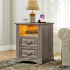 RALGEND Farmhouse Nightstand with Charging Station, Night Stand with 2 Drawers, End Tables Living Room, LED Bed Side Table with Open Shelf, End Table for Bedroom, Living Room, Greige