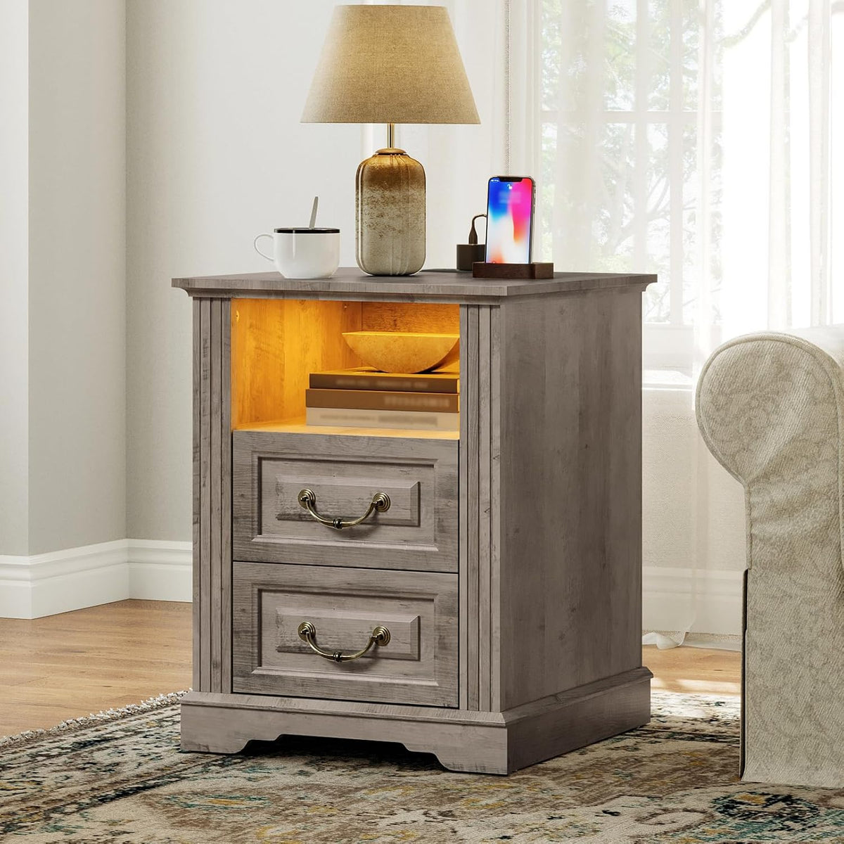 RALGEND Farmhouse Nightstand with Charging Station, Night Stand with 2 Drawers, End Tables Living Room, LED Bed Side Table with Open Shelf, End Table for Bedroom, Living Room, Greige