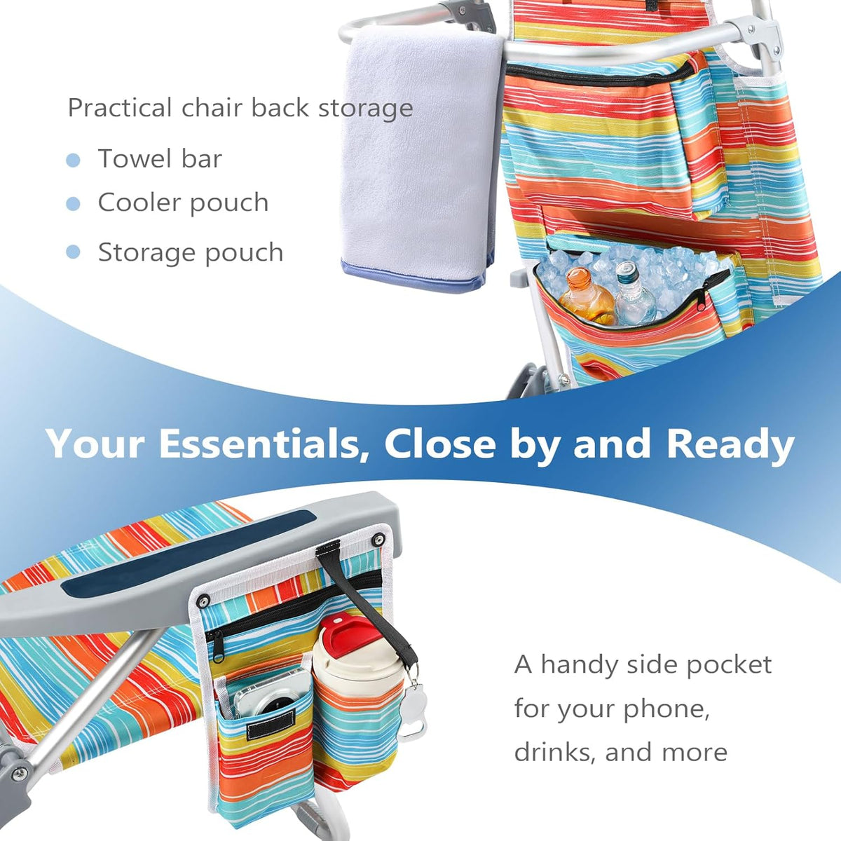 PASAMIC Backpack Beach Chairs for Adults 2 Pack Portable, Lay Flat Reclining Beach Chairs with 5 Positions, Tall Heavy Duty Folding Chair with Cup Holder, Cooler Pouch, Towel Bar, Multicolor Stripe
