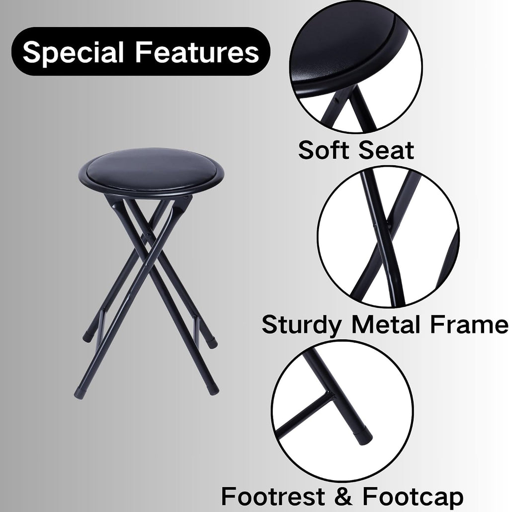 Homy Casa 18-Inch Backless Folding Stools with Soft Seat, Portable Waterproof Faux Leather Stools Foldable Chairs with Sturdy Frame for Indoor and Outdoor Use (Black, Set of 1)