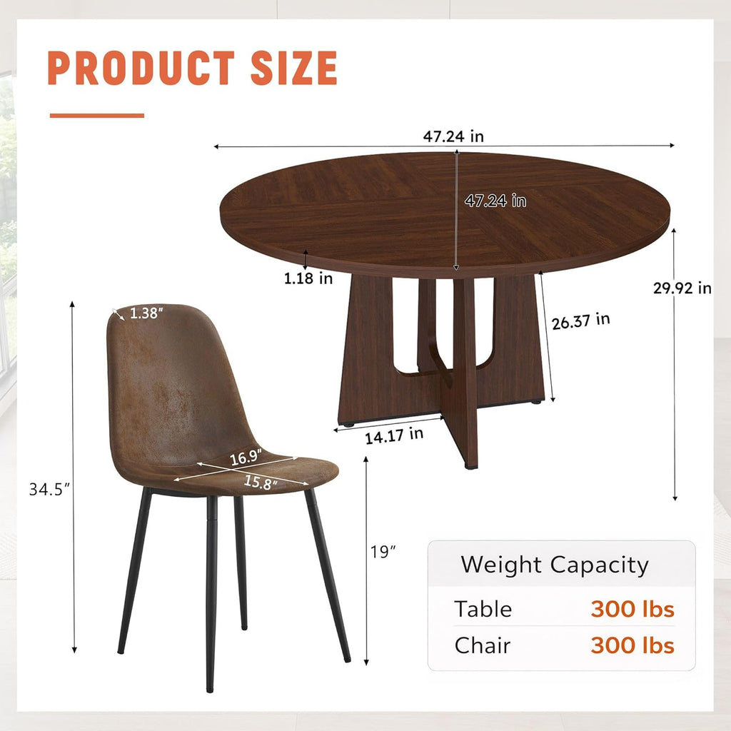 47" Round Dining Table Set for 6, Walnut Wood Grain Table and 6 Brown Suede Upholstered Chairs Set, Mid Century Modern Kitchen Table Set with Cross Legs