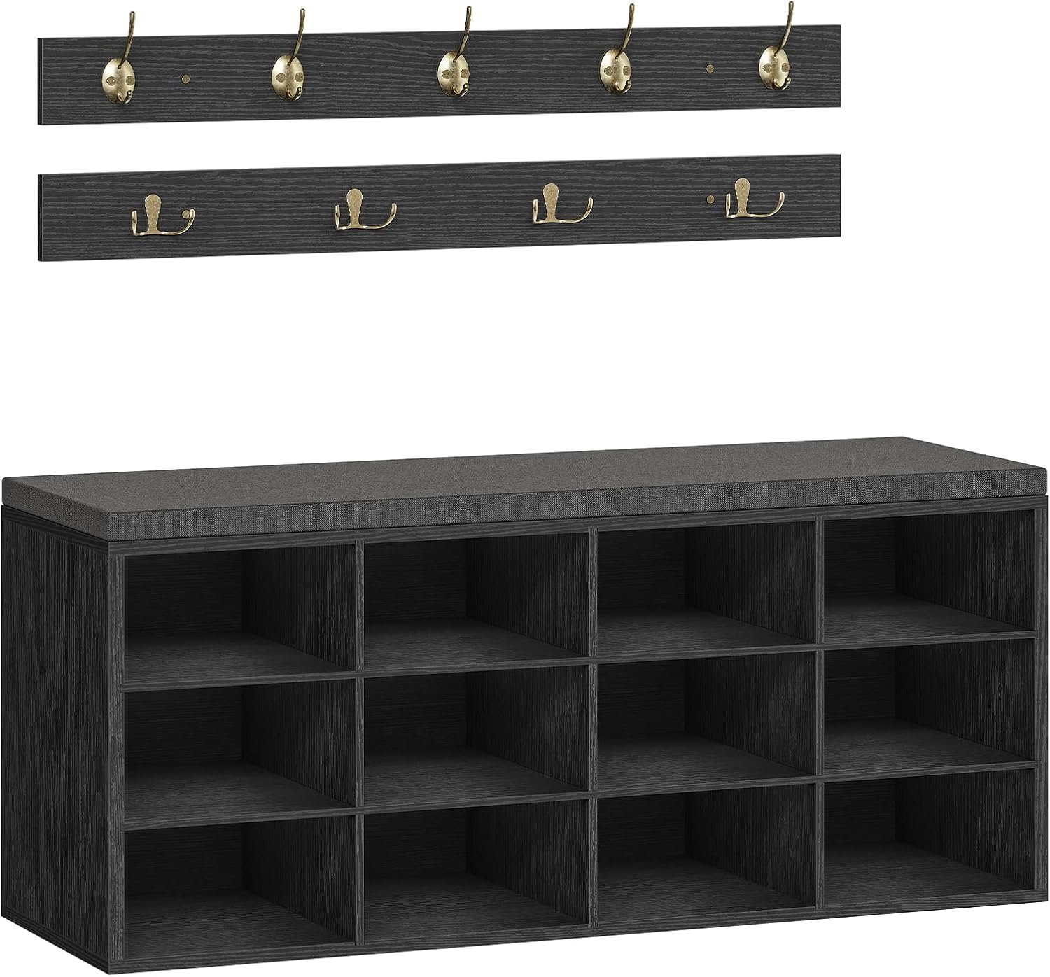 HOOBRO Shoe Storage Bench with Cushion, 39.4" L Entryway Bench with 12 Cubbies, Entryway Hall Tree with Storage, Cubby Shoe Rack Bench with Coat Rack for Hallway, Holds up to 330 lb, Black BB112HX01