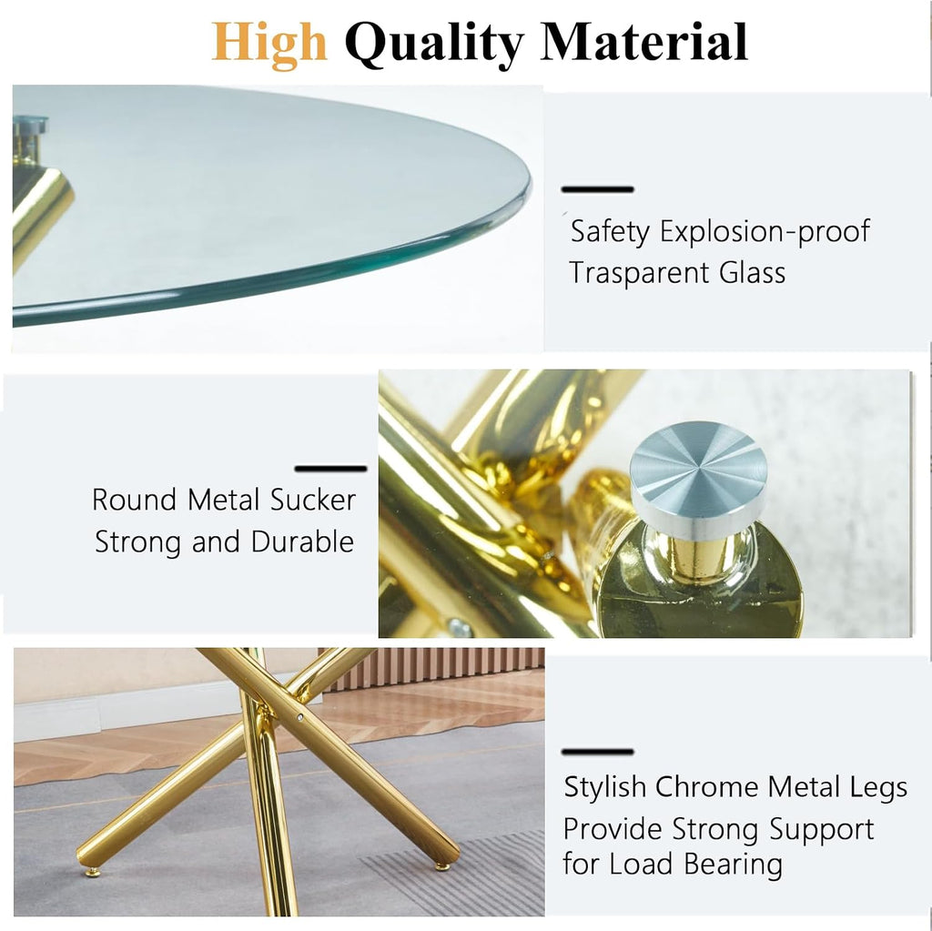Round Glass Dining Table Set for 4, Small Kitchen Table Set for 4, 47" Circle Gold Glass Dinner Table for 4 with Grey Velvet Chairs, 5 Piece Dining Room Table Set for 4 for Breakfast Dinette Cafe
