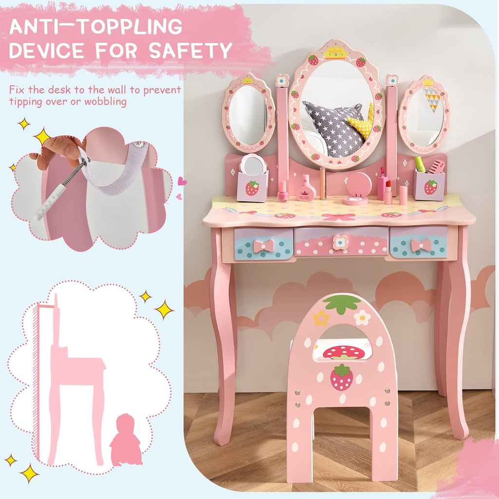 Costzon Kids Vanity Table & Chair Set, 2 in 1 Princess Makeup Dressing Table w/Detachable Top, Toddler Vanity w/Tri-fold Mirror, Drawers & Accessories, Vanity Set for Little Girls, Pink