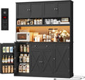 HIFIT 72.8” LED Kitchen Pantry Cabinet with Charging Station, 55” Wide Farmhouse Pantry Cabinet with Microwave Stand&Shelves&Swing-Out Door, Kitchen Hutch Coffee Bar for Living Room, Black