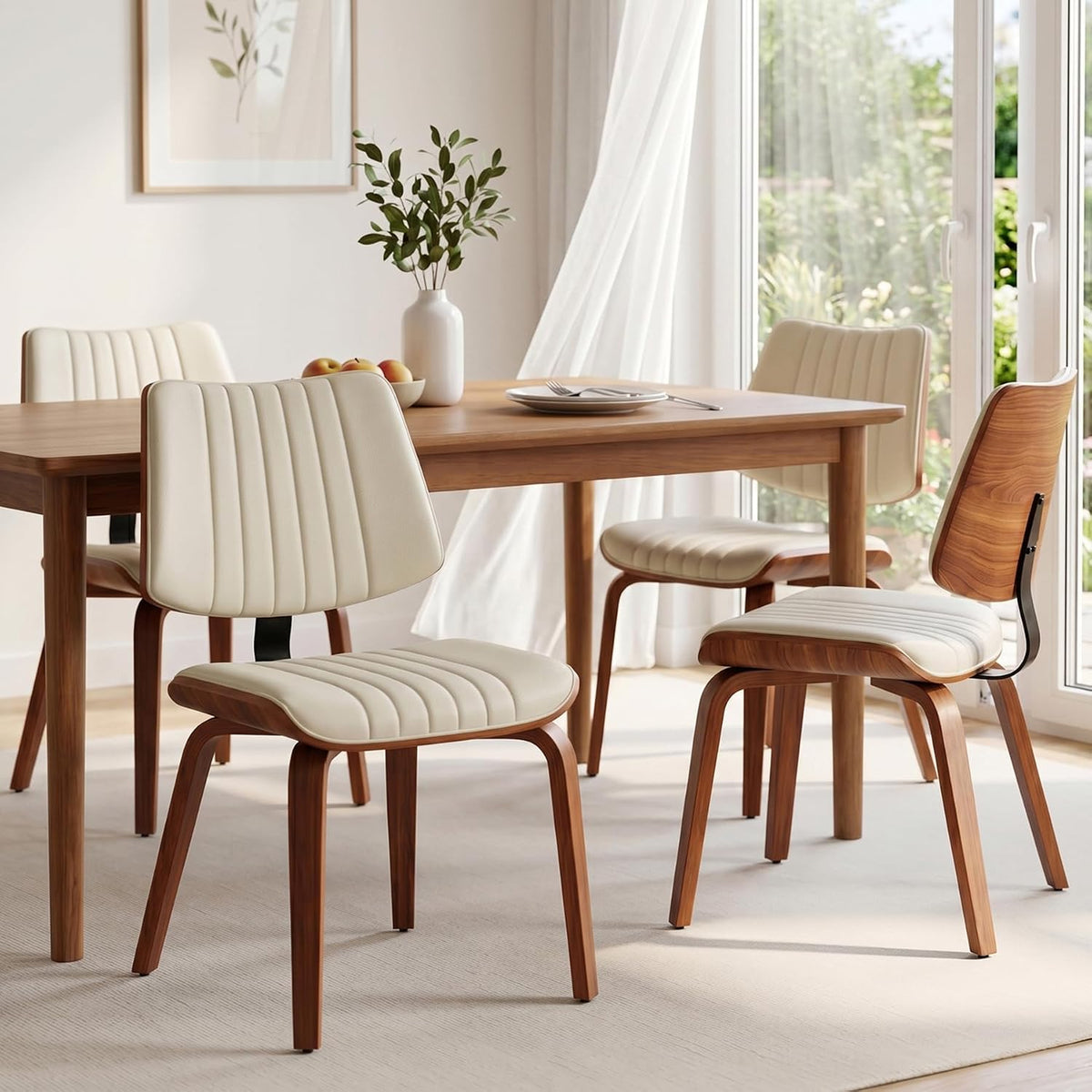 Dining Chairs Set of 4, Mid Century Modern Dining Walnut Chairs,Beige | Faux Leather Dining Chair with Upholstery and Bentwood Open Backrest, Armless Dining Room Sets for Kitchen,Study Room