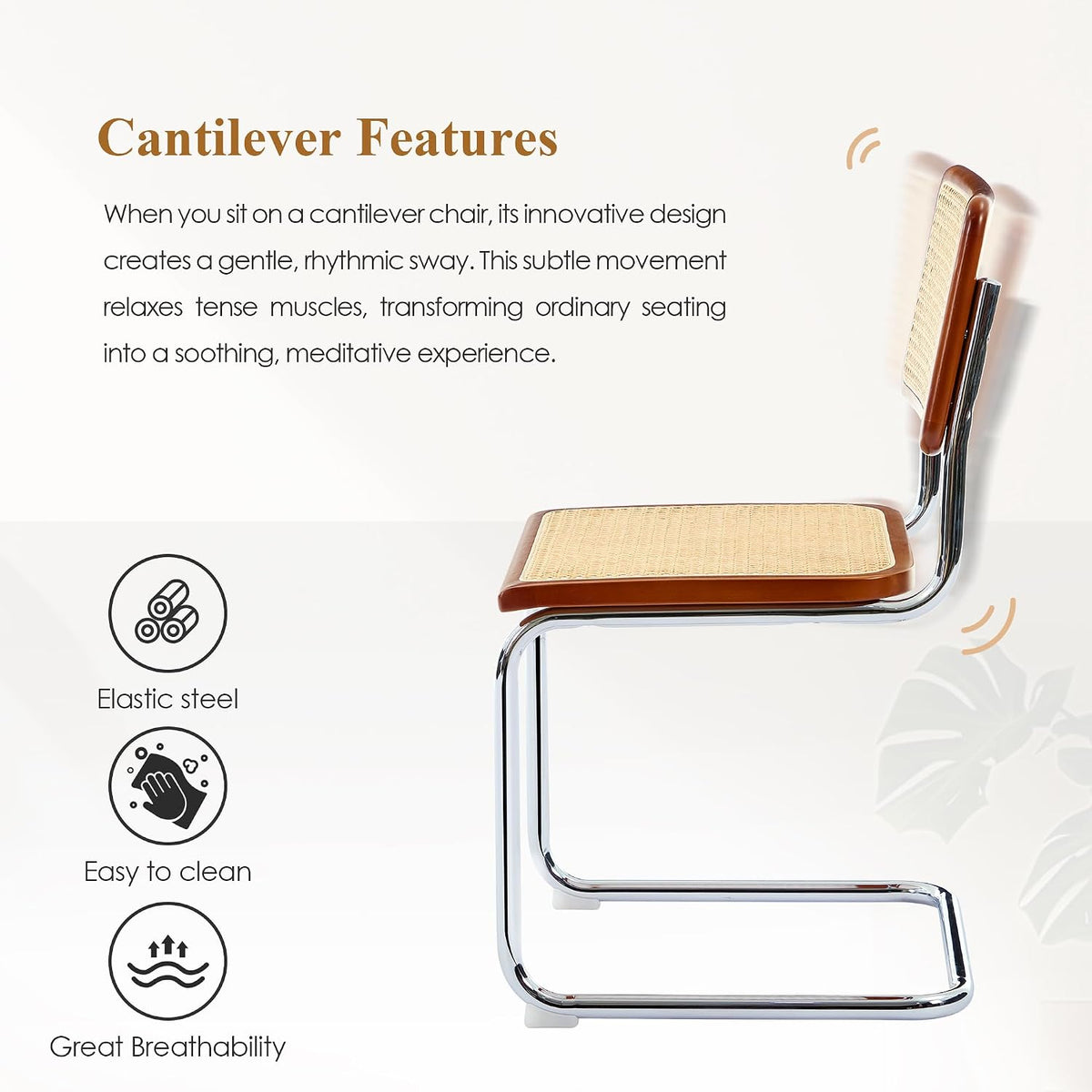 Rattan Dining Chairs Set of 2, Boho Modern Dining Chairs with Rattan Back, Curved Steel Base, Cantilever Kitchen Chairs for Kitchen, Living Room, Brown